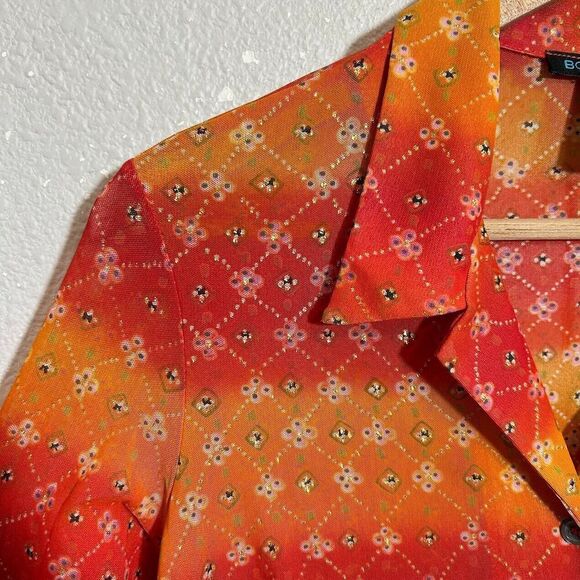 VTG Y2K BCBG Mesh Sheer Button Up Shirt L Floral Long Sleeve Collar 90s - Picture 4 of 6